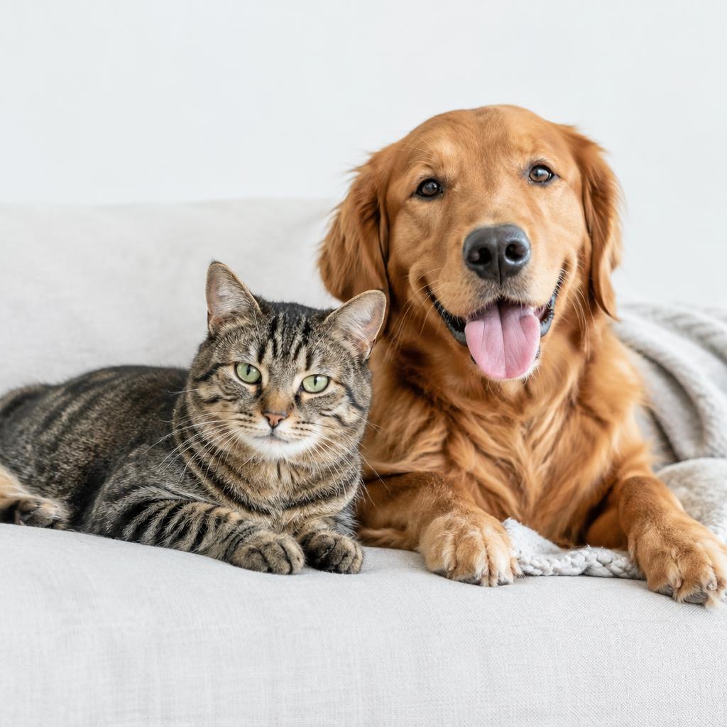 Gato e cachorro deitados juntos no sofá