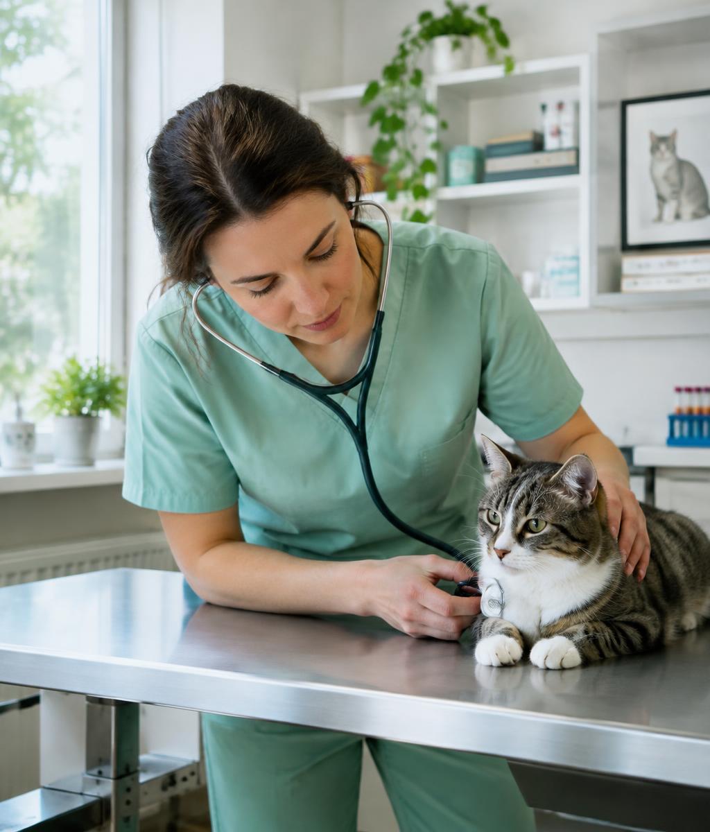 Veterinária examinando um gato (imagem ilustrativa)